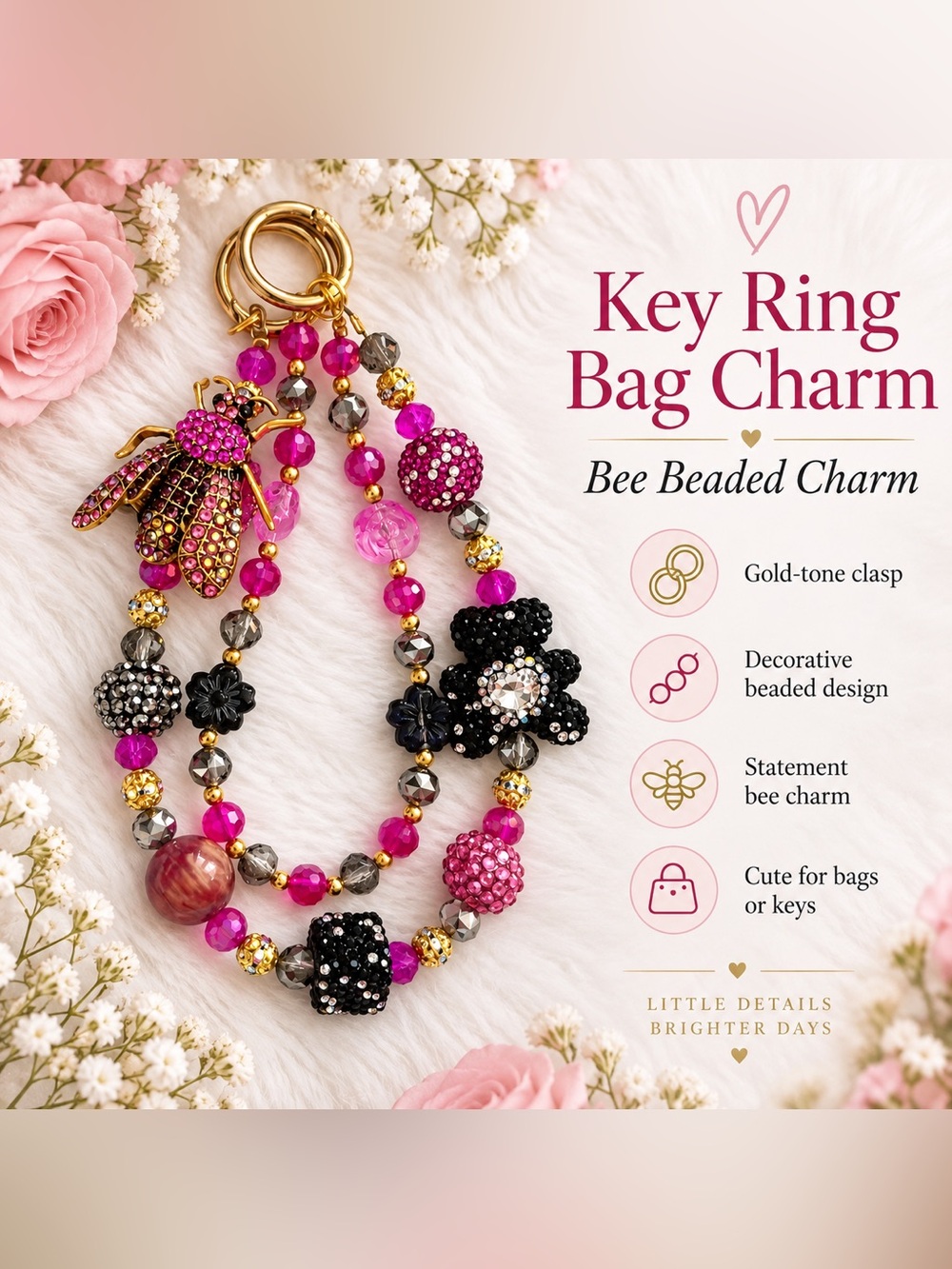 Bee Beaded Key Ring Bag Charm - Pink Black Beaded Accent